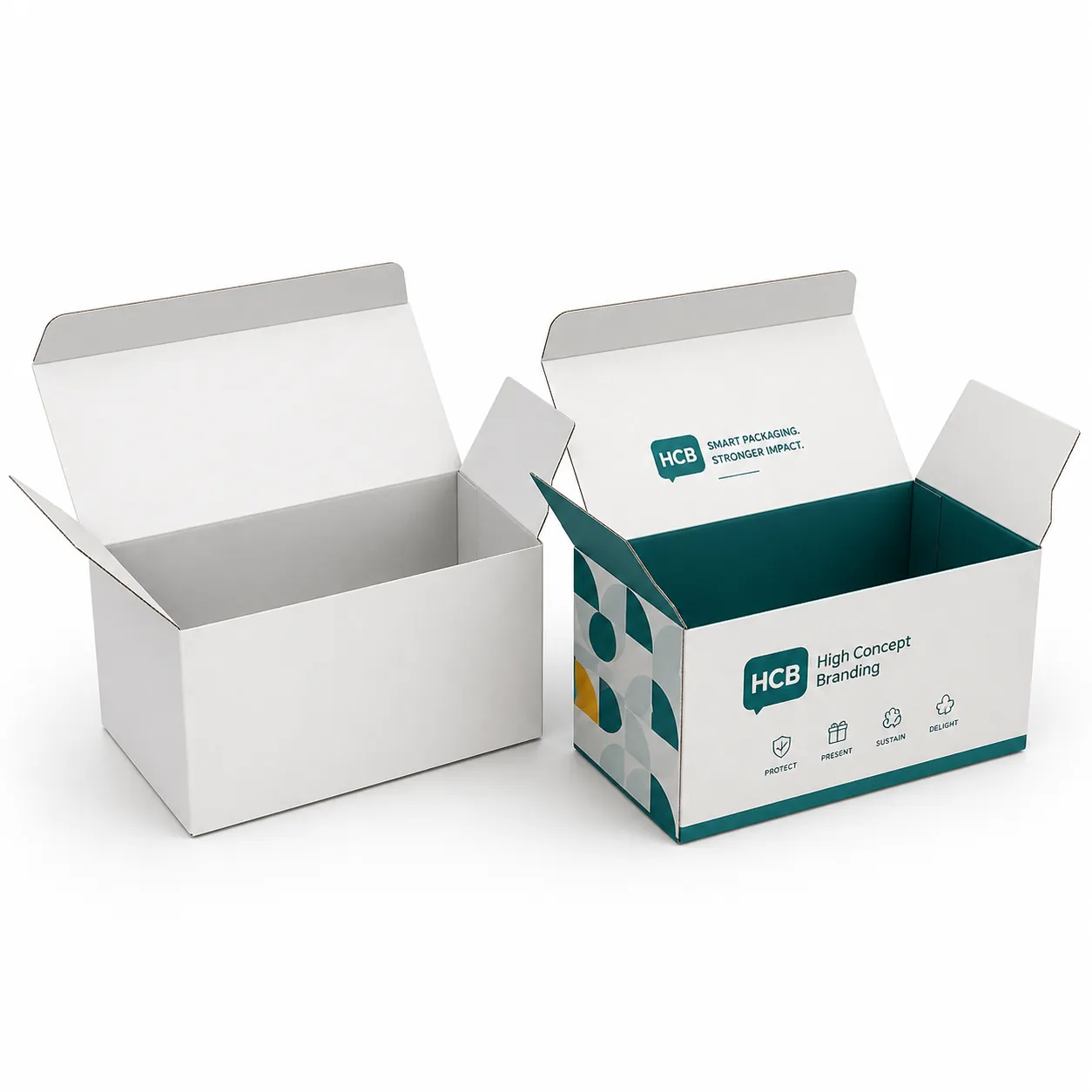 Open white and custom printed subscription style boxes featuring high-concept branding for professional e-commerce delivery. class=